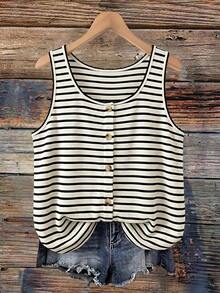 SHEIN VCAY Plus Size Summer Casual Striped Tank Top - Khaki - View 1