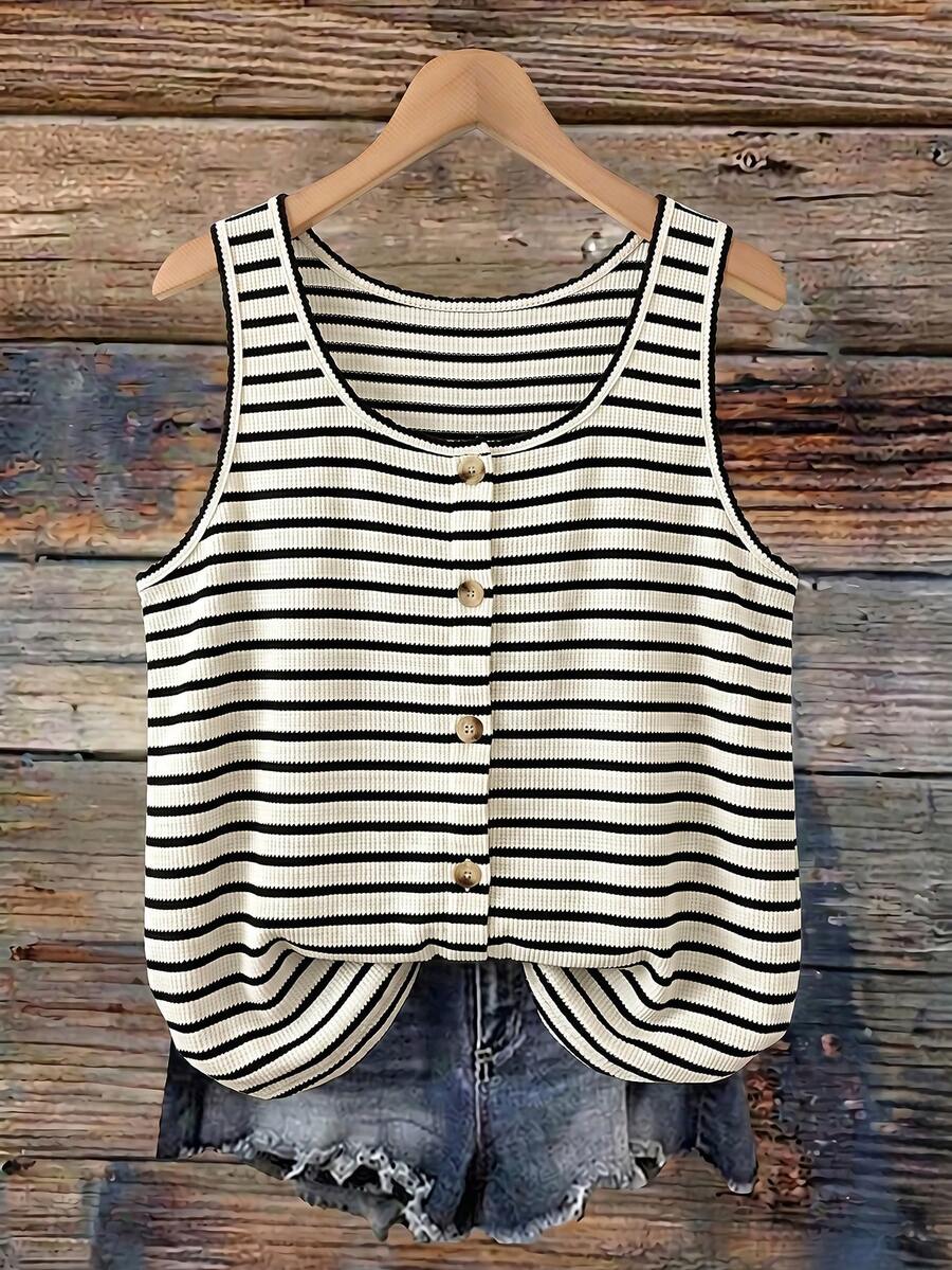 SHEIN VCAY Plus Size Summer Casual Striped Tank Top - Khaki - View 1