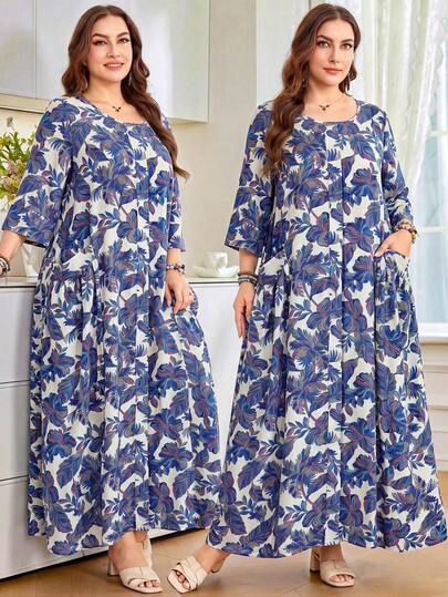 Al Najma Đầm Ả Rập cỡ lớn dành cho nữ, cổ tròn, tay lửng 7/8, dáng rộng, có túi lớn, chất liệu giả vải lanh, thoải mái, thích hợp mặc hàng ngày.