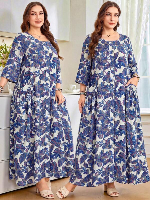 Al Najma Đầm Ả Rập cỡ lớn dành cho nữ, cổ tròn, tay lửng 7/8, dáng rộng, có túi lớn, chất liệu giả vải lanh, thoải mái, thích hợp mặc hàng ngày.