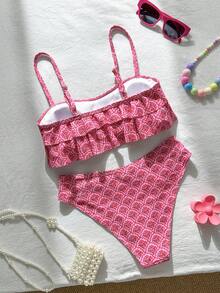 Swim Mod 花卉飾邊可愛波希米亞風甜美復古休閒海灘度假泳裝套裝 女款 粉色 夏季 - 彩色 - 查看 5