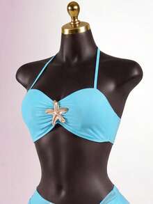 SaltGleam SaltGleam Conjunto de 2 piezas de bikini con estrella de mar y botones metálicos de sirena para vacaciones de playa de verano - Azul - Ver 5
