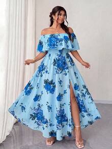 Elenzga Plus Size Women's Light Blue Floral Print Off-Shoulder Ruffle Hem Summer Boho Maxi Dress, Waist Pleated Vacation Holiday Dress For Date&Travel - Multicolor - View 5