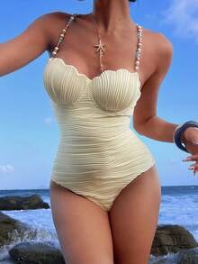 Travachic Plus Size Beaded Decor Camisole Backless One-Piece Swimsuit, Summer Beach Vacation Floral White Asean Bohemian Greek Goddess - Apricot - View 6