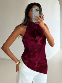Aloruh 棕色露背优雅上衣，适合派对、通勤和度假穿着。 - 酒紅色 - 查看 6