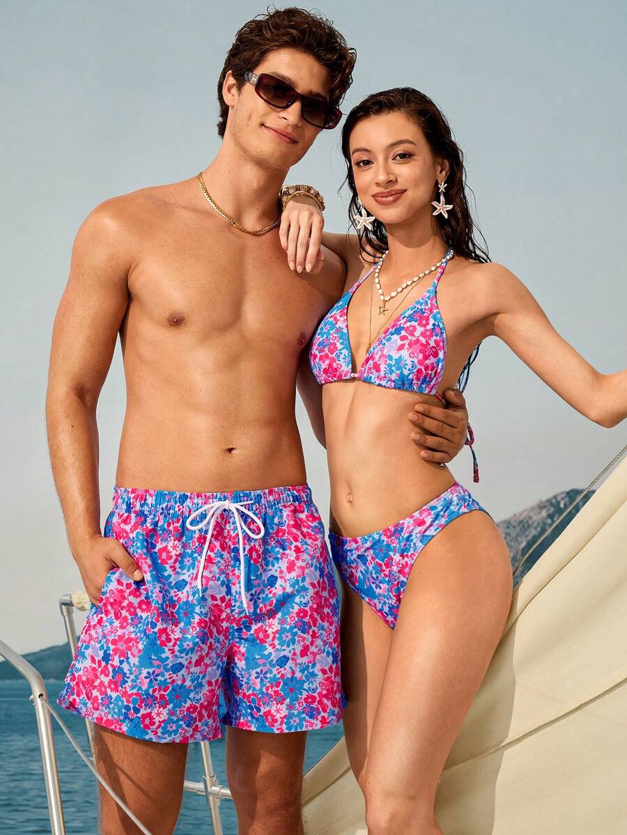 Manfinity VDAYZ 男士休閒花卉印花沙灘短褲,夏季波希米亞風情侶情侶套裝泳褲,度假游泳用 - 彩色 - 查看 1