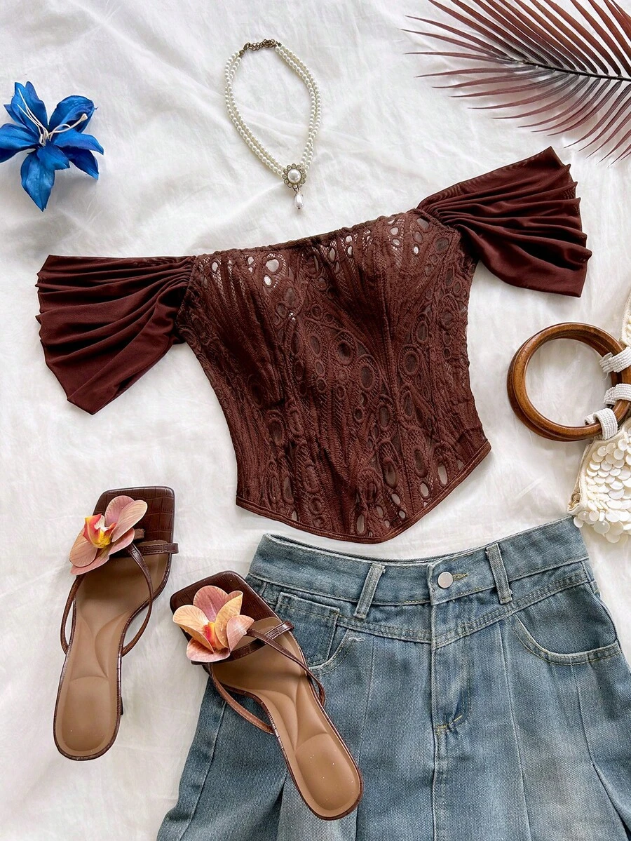 Soleia 复古宫廷风彩色花卉提花印花露肩系带抹胸上衣,优雅适合度假和约会 - 棕色 - 查看 1