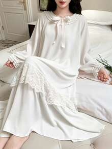 DAZY Camisón largo y holgado de mujer con lazo de satén estilo princesa dulce, con adorno de encaje de color contrastante en capas - Blanco - Ver 5