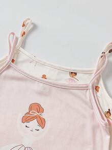 两件套女童家居服吊带无袖连衣裙，夏季蓝色、白色和粉色点缀，可爱芭蕾舞女爱心印花，休闲睡衣，轻盈柔软透气针织面料，舒适亲肤，时尚别致，现代潮流，高品质，百搭可爱舒适睡衣套装，适合日常室内休闲穿着 - 粉色 - 查看 3