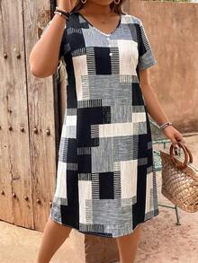 EMERY ROSE Plaid Patchwork Print V-Neck Button Decor Plus Size Dress - Black - View 3