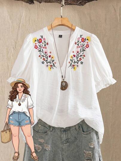 Rusticease Damen Große Größen V-Ausschnitt Blumen Stickerei Muster Casual Vielseitig Alltags Bluse