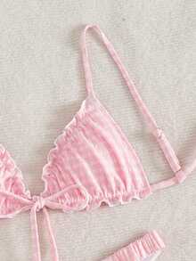 Swim Mod Conjunto de bikini de 2 piezas de color rosa vibrante con frente de volantes con textura, lazo en la cintura y plisado, de moda dulce y elegante para fiestas, verano y vacaciones en la playa - Rosa - Ver 5