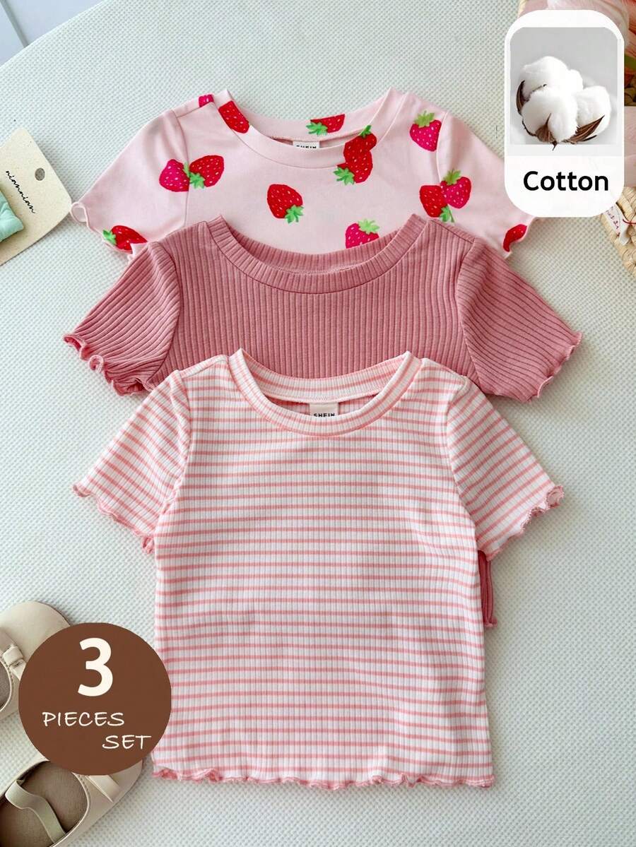 SHEIN 3pcs/Set Baby Girl Cute Strawberry Pattern Striped Casual Round Neck T-Shirts - Multicolor - View 1