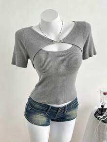 FRIFUL Women's Round Neck Hollow Out Front Short Sleeve 2 In 1 Sweet Knit Top, Summer - Grey - View 7
