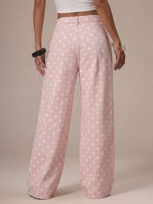 MUSERA Cute Polka Dot Spring Summer Dainty Denim Straight Leg Mid Rise Jeans Ibiza Holiday Casual Back To School Office Work Party Chic - Pink - View 2