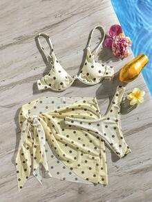 Swim SXY 女士夏季沙滩度假波点印花比基尼套装，带钢圈和罩裙，三件套 - 黃色 - 查看 4