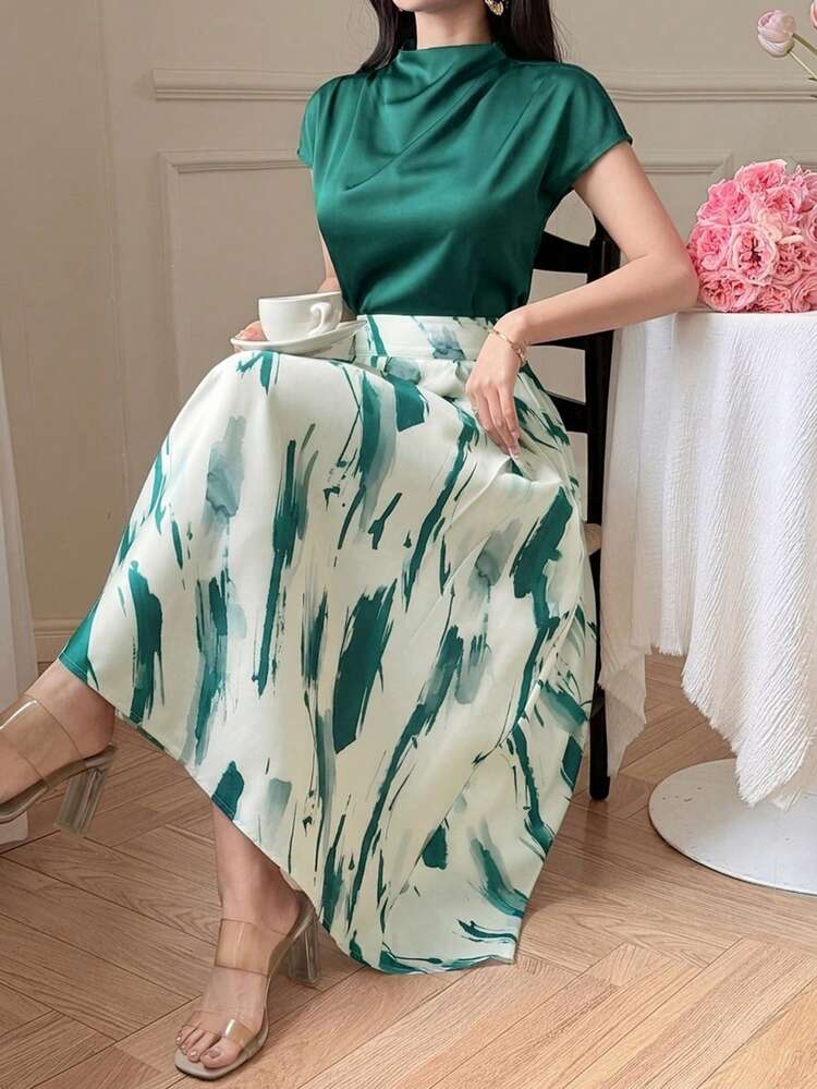 Women's Elegant Solid Color Draped Neck Top And Contrast Floral A-Line Skirt 2-Piece Set, Summer