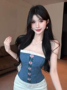 Joudiya 春夏花卉印花刺绣蕾丝拼接露背短款上衣，收腰设计，优雅百搭，适合音乐节、婚礼、派对、正式场合，也可作为时尚休闲牛仔衬衫穿着。 - 藍色 - 查看 10