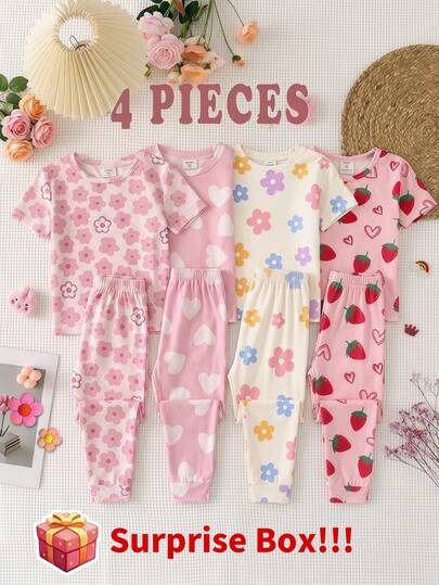 4pcs/Set Random Blind Box Delivery, Young Girl Casual Minimalist Snug Fit Round Neck Short Sleeve Top And Pants Set, Suitable For Spring/Summer