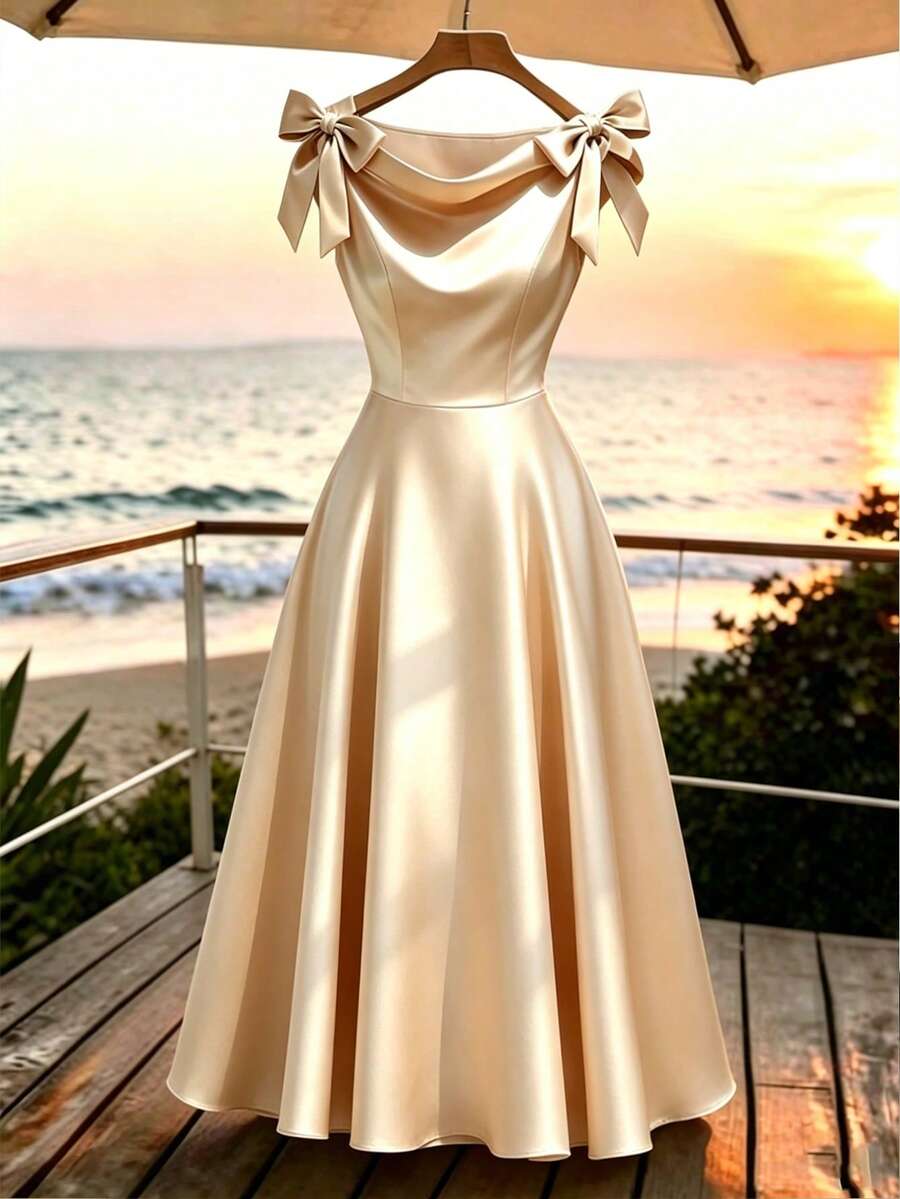 Elenzga Nuevo vestido sin mangas con lazo decorativo, vestido midi elegante para uso diario para mujeres - Caqui - Ver 1