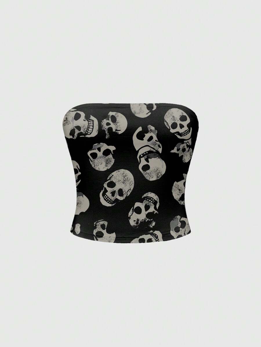 ROMWE Áo croptop đen rách rưới phong cách Gothic ma quỷ kinh dị cổ điển dành cho nữ - màu đen - Xem 1