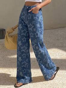 Livesso Jeans rectos y holgados de mujer con estampado floral y de estrellas, adecuados para verano, otoño, primavera, uso casual y de oficina - Azul lavado oscuro - Ver 7