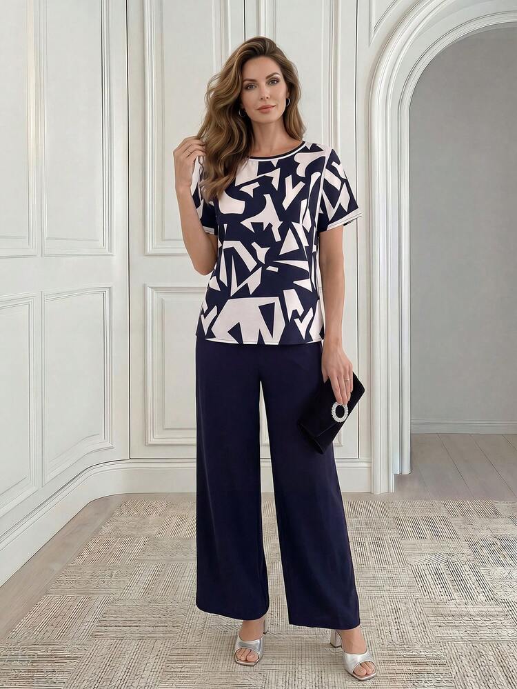 Middle-Aged Women's Geometric Print Top And Pants Set,Summer Set,Festival Outfit Women,Going Out Set,Casual Sets For Women,Formal Set,Blue Set