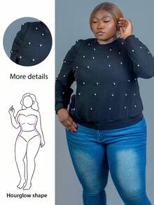 CurvyTilda كنزة سويت شيرت نسائية بأكمام طويلة عمليقية أنيقة مزينة باللؤلؤ وياقة مستديرة مقاس كبير, خريف/شتاء - الأسود - مشاهدة 1