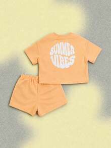 SUMWON Girls Summer Vibes Peach Co-Ord Set Crop T-Shirt With Shorts Casualwear Two Piece Outfit - Orange - View 1
