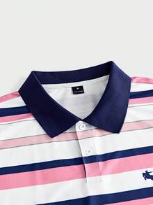 男士粉色拼色條紋 Polo 衫，短袖高爾夫網球上衣，休閒夏季學院風老錢風戶外派對運動休閒 - 粉色 - 查看 5