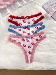 PetitDoll 3pcs/Pack Women's Lace Patchwork Hot Pink Comfortable Thong Panties Set Summer Cute - Multicolor - View 1