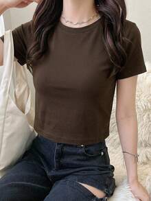 Dazy-Less Solid Crew Neck Crop Tee Old Money Style Summer Business Casual Woman Work Clothes - Chocolate Brown - View 6