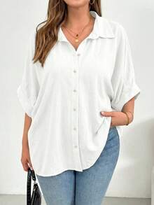 SHEIN Essnce Áo sơ mi nữ cỡ lớn thời trang xuân hè, dáng rộng thoải mái, đa năng, ôm nhẹ, màu đen cài nút, kiểu dáng đơn giản, thích hợp mặc hàng ngày, áo kiểu công sở, áo đồng phục giáo viên. - trắng - Xem 5