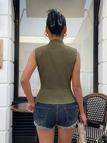 Muchica 女士夏季时尚双排扣拉链装饰修身无袖背心 - 軍綠色 - 查看 2