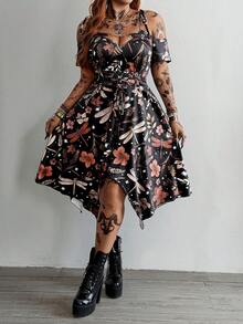 Whyspr Women's Plus Size Punk Witch Grunge Style Dress, Vintage Brown Floral Print Mesh Ribbon Decor A-Line Maxi Dress, Loose Fit Summer Boho Holiday Outfit - Multicolor - View 3