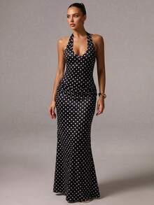 Avenya Polka Dot Halter Waist Slit Dress - Multicolor - View 4