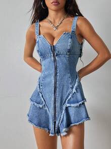 SHEIN ICON 女士前拉链迷你牛仔吊带裙 - 中等水洗藍 - 查看 4