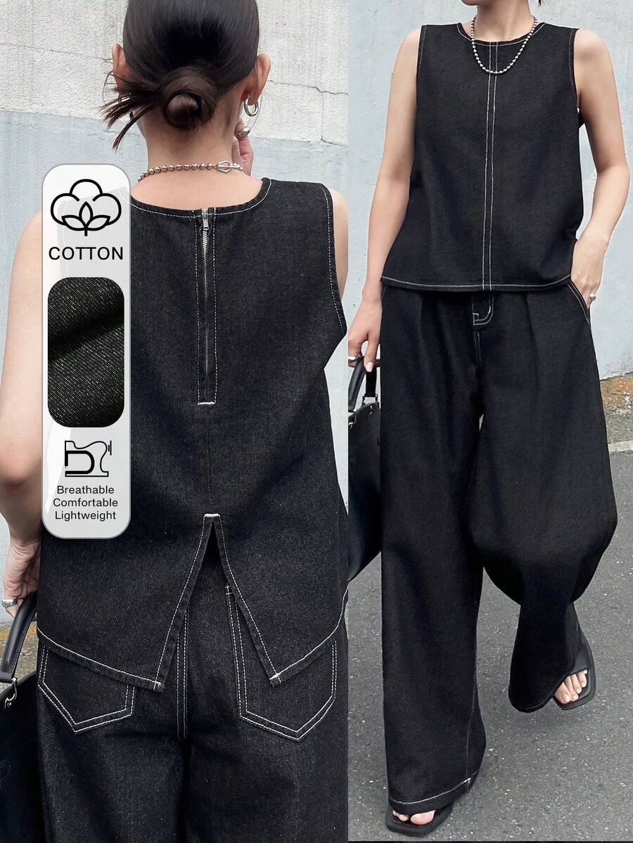 FRIFUL Conjunto de chaleco y pantalones de mezclilla casual para mujer - Azul - Ver 1