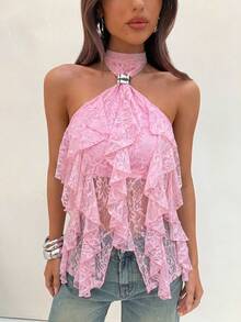 Aloruh Áo tank top ôm dáng cổ đứng nhiều lớp, viền bèo nhún, thanh lịch dành cho nữ - Hồng - Xem 3
