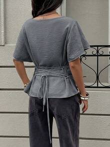 Blusa de manga corta con cintura ceñida, 100% algodón marrón con ribete negro para mujer - Gris - Ver 3