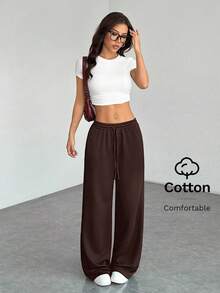 SHEIN PETITE Quần nỉ ống rộng dệt kim màu trơn thoải mái và giản dị dành cho nữ - Cà phê nâu - Xem 4
