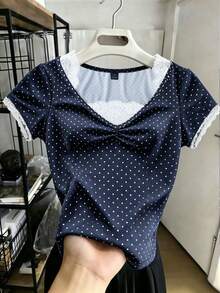 GlowEve Áo thun nữ cổ chữ V 2 trong 1 chấm bi kiểu retro dễ thương, ôm dáng, thích hợp mặc hàng ngày, đi du lịch biển, lễ hội, nghỉ mát, lễ hội âm nhạc, kỳ nghỉ phong cách Boho, tựu trường, Ngày Nhà giáo, Ngày của Mẹ, mọi mùa, trang phục gợi cảm cho câu lạc bộ bãi biển, dạo chơi đêm ở Havana, trang phục ăn tối trên bãi biển. - Nhiều màu - Xem 1