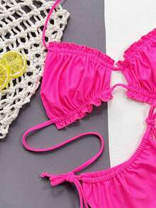 Swim Basics Summer Beach Frill Trim Tie Side Bikini Set - Hot Pink - View 3