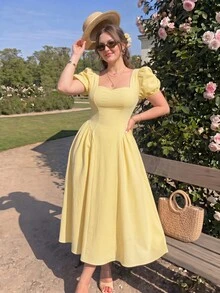 SHEIN MOD Đầm vàng cổ vuông cỡ lớn, thích hợp cho kỳ nghỉ thoải mái, trang phục thanh lịch hàng ngày, trang phục du lịch, phong cách tươi sáng, thiết kế phá cách. - Màu vàng - Xem 2