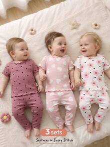 Cozy Pixies Newborn Baby Girl 6pcs Set: Heart Pattern Knit Soft Crew Neck Short Sleeve Top And Elastic Waist Shorts - Dusty Pink - View 1