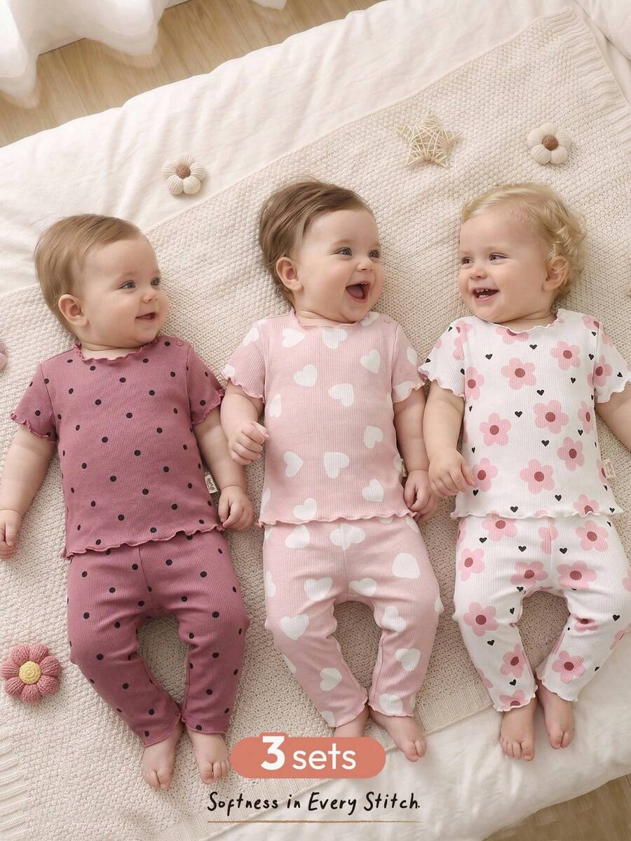 Cozy Pixies Newborn Baby Girl 6pcs Set: Heart Pattern Knit Soft Crew Neck Short Sleeve Top And Elastic Waist Shorts - Dusty Pink - View 1