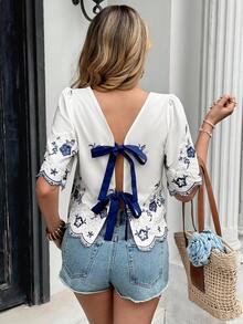 Serisse Women's Summer Casual Floral Embroidery Tie Back Blouse Elegant - Blue and White - View 8