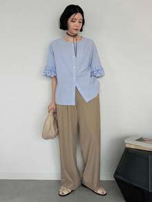FRIFUL Women's Fashion Versatile Striped Single-Breasted Layered Ruffle Cuff Shirt - Blue - View 7