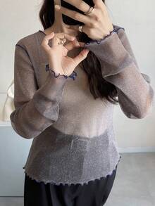 FRIFUL Atasan Turtleneck Jala Transparan untuk Wanita, Pakaian untuk Melapisi Pakaian di Musim Gugur - Grey - View 3
