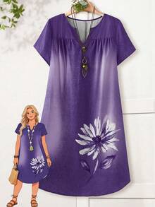 Rusticease Plus Size Women V-Neck Floral Print Ruched Casual Party Dress - Purple - View 1